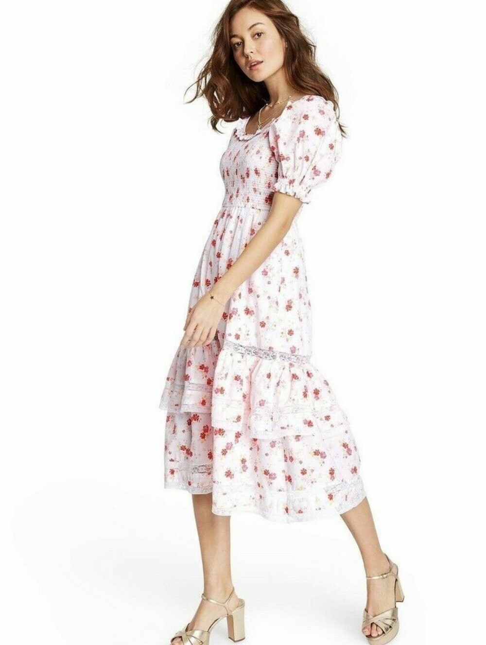 LoveShackFancy for Target - Short Sleeve Cotton Midi Dress Pink Floral - Large